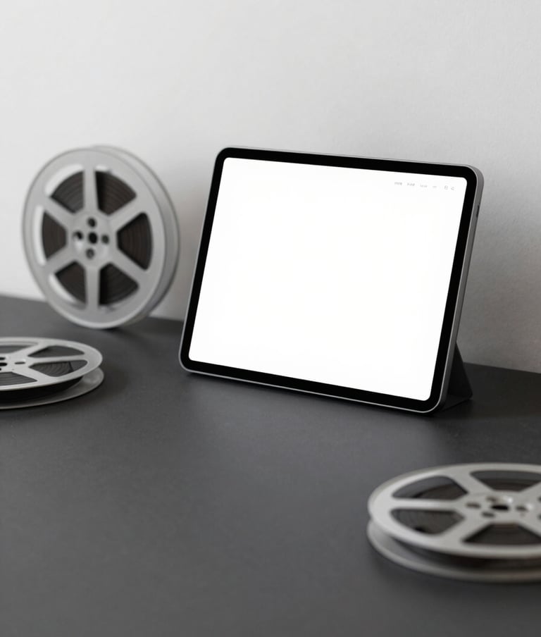A creative workspace featuring a digital tablet and vintage film reels. Minimalist and elegant composition with #F8F8F8 accents and #0A0A0A deep backgrounds.