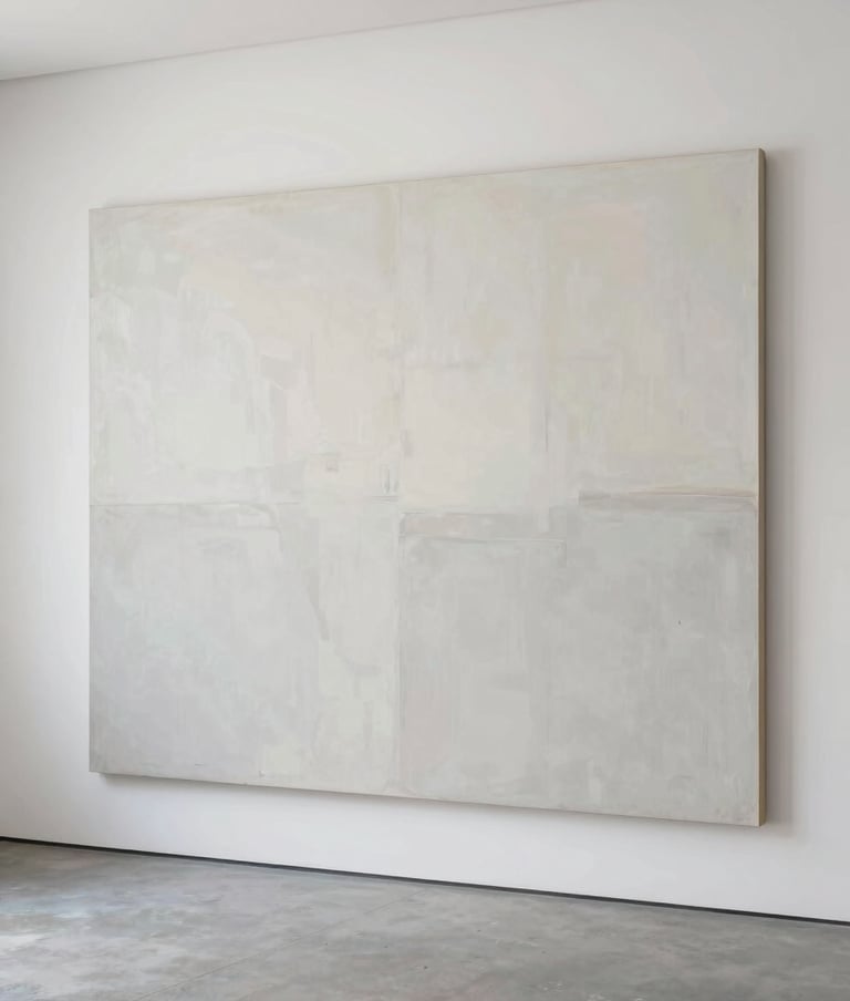 A large-scale contemporary painting with a minimalist composition, primarily in #F9F7F0 and subtle washes of #5F5B54, hanging in a bright, spacious room with polished concrete floors.