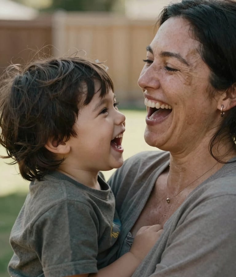 Close-up candid shot of a mother laughing with her child in a North American / General Western backyard. Soft sun-drenched lighting, authentic joy, charcoal shadows for depth, and warm earthy tones throughout.