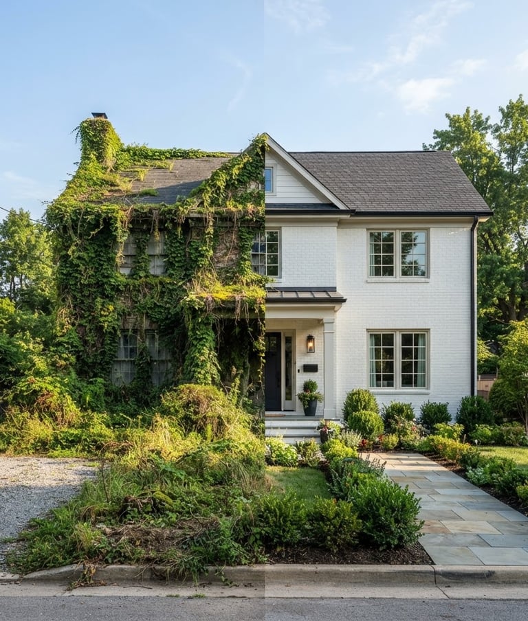 Wide panoramic before-and-after shot of a residential exterior, one side covered in organic growth, the other pristine and clean, crisp morning sun, high contrast, professional editorial style, 24mm lens, soft-wash split visible, property edge defined.