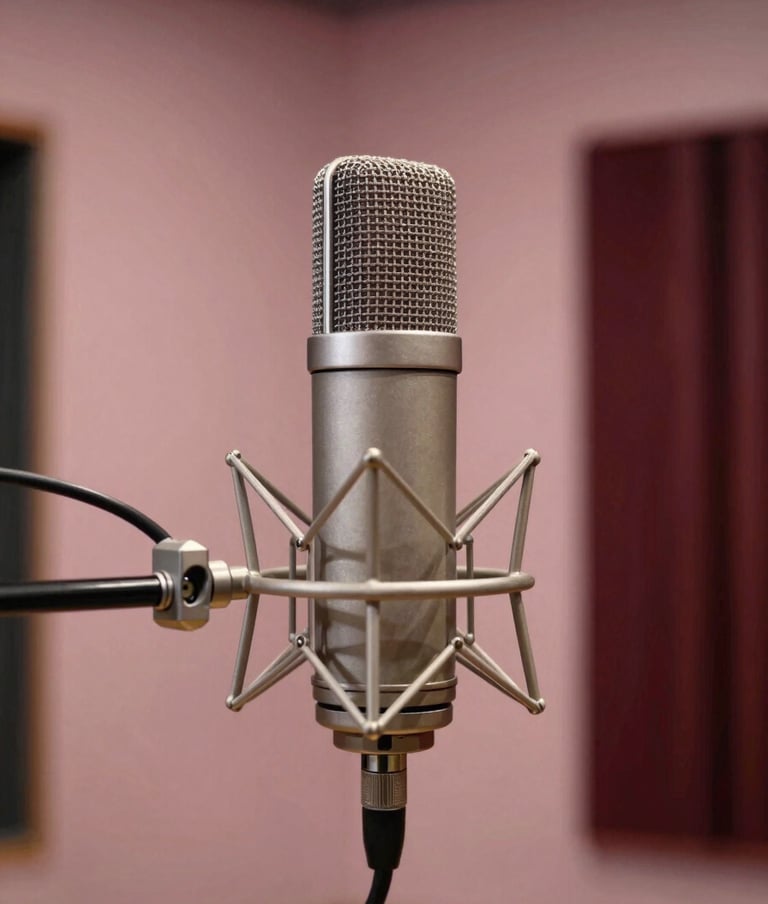 Close-up of a vintage-style condenser microphone in a high-end North American / US recording studio. The room is decorated with soft pink acoustic panels and dark plum wood accents. The lighting is soft, moody, and cinematic.