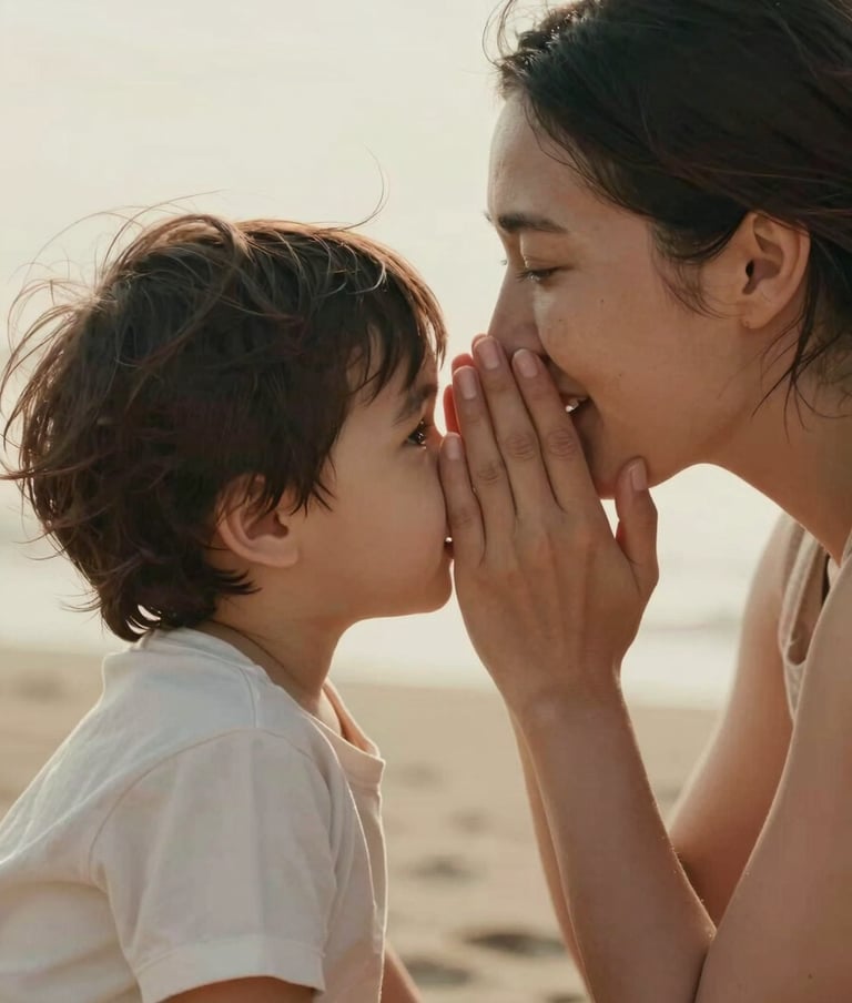 Candid authentic emotion showing a mother whispering to her toddler, soft sand backlighting, cinematic depth of field, warm and inviting photography style.