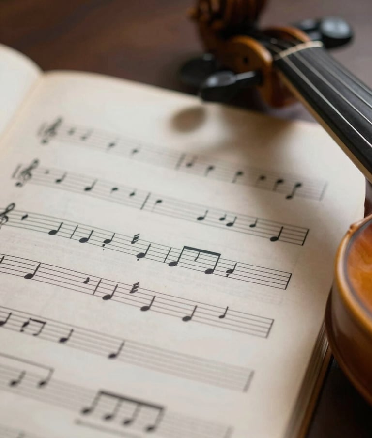 An artistic and elegant shot of sheet music with subtle #386F6F ink accents. A soft shadow of a violin neck falls across the page. The lighting is atmospheric and emotional, reflecting Lyan's sophisticated musical style.