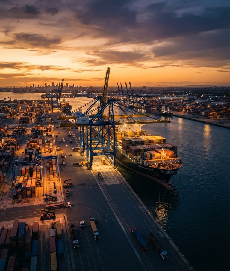 Wide panoramic view of a modern cargo port at golden hour, a large container ship being loaded by cranes, dynamic industrial lighting, deep navy and warm amber tones, wide-angle cinematic lens, subject slightly off-center to the right.