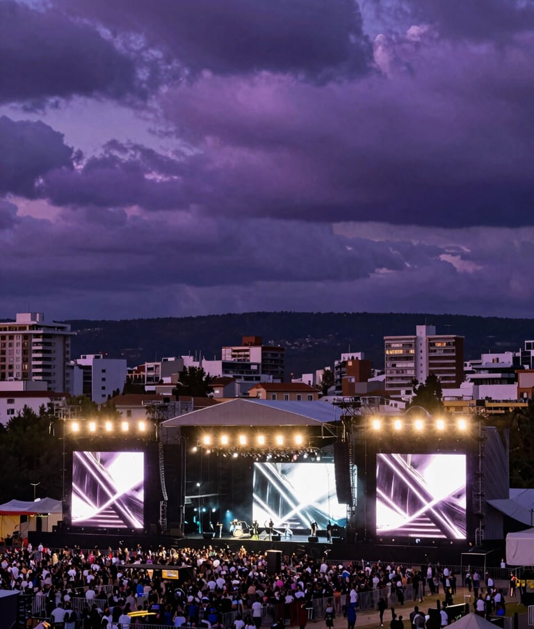Wide cinematic shot of a massive outdoor music festival in a Spanish / Latin American city. Dramatic twilight sky with electric violet clouds. The stage is sleek and modern, glowing with soft platinum lights against an obsidian night.