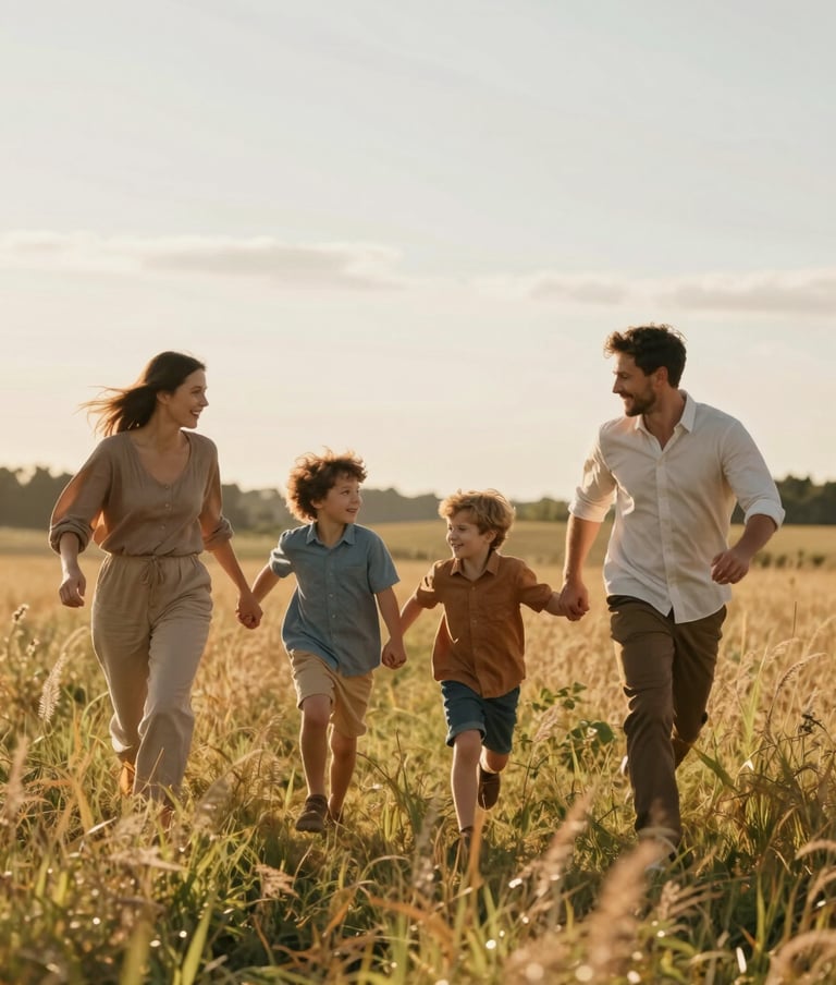 A wide cinematic shot of a family of four running through a sun-drenched field of tall grass, warm golden light, candid laughter, authentic interaction, #F7F2EB and #C06C4C color palette.