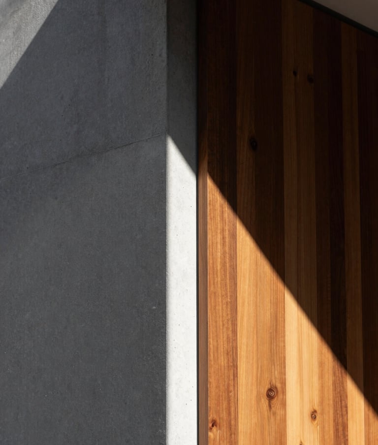 A close-up shot of architectural textures in a modern South American / Brazilian home. Rough grey concrete meets smooth, warm tropical wood paneling. A sharp vertical beam of natural sunlight creates a high-contrast shadow line across the surfaces. Deep black and pure white tones dominate the composition.