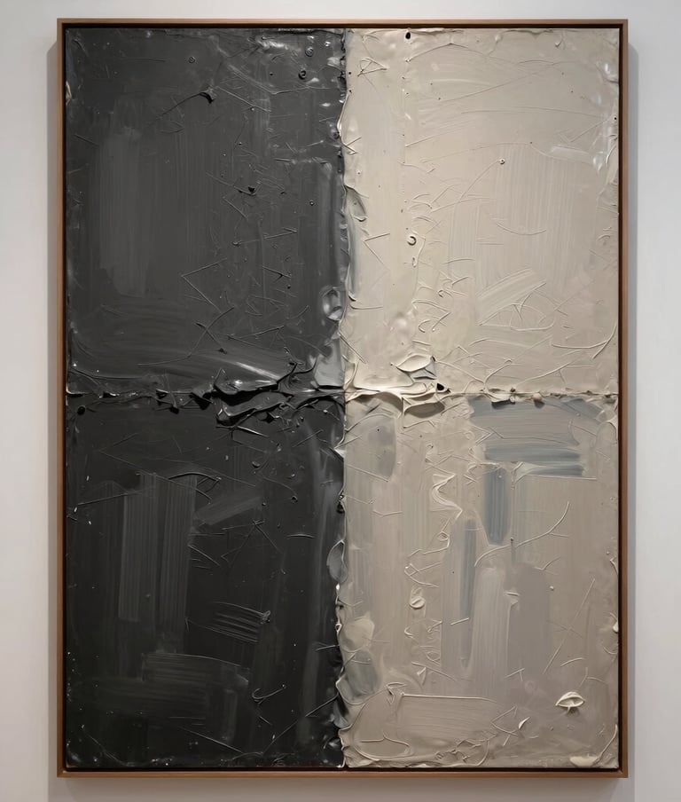 A sophisticated photograph of a visual art piece dominated by deep charcoal and soft off-white tones. The work features heavy textures and accumulations of pigment, presented in a minimalist gallery setting in Buenos Aires. The mood is one of enigmatic beauty and thoughtful South American / Argentine expression.