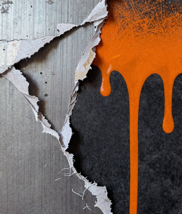 A close-up photograph of a layered collage work showing torn paper edges, weathered textures like brushed metal, and thick safety orange spray paint drips over a charcoal background. Photographed in an International / Urban Art Scene studio under bright, natural light.