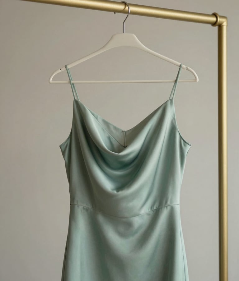 Close-up photography of a silk soft sage green dress hanging on a minimalist muted gold rack, soft natural lighting, elegant feminine mood, North American / Western European luxury boutique setting.