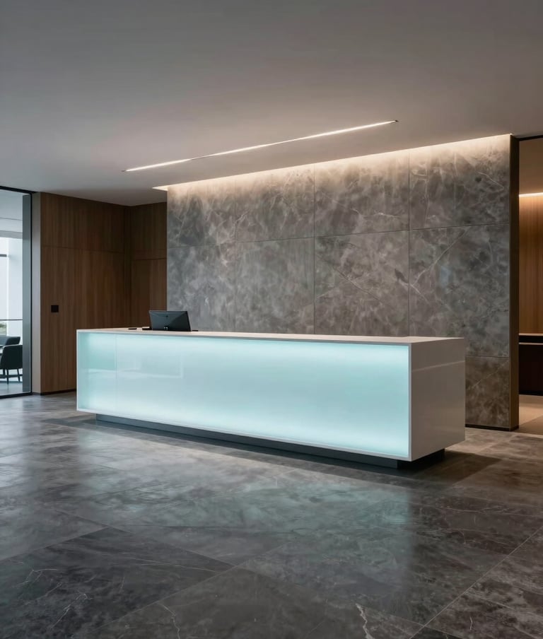 Sophisticated photography of a high-end Brazilian office lobby, featuring dark gray stone floors and a minimalist reception desk, with soft baby blue LED lighting under the counter, elegant and professional atmosphere.