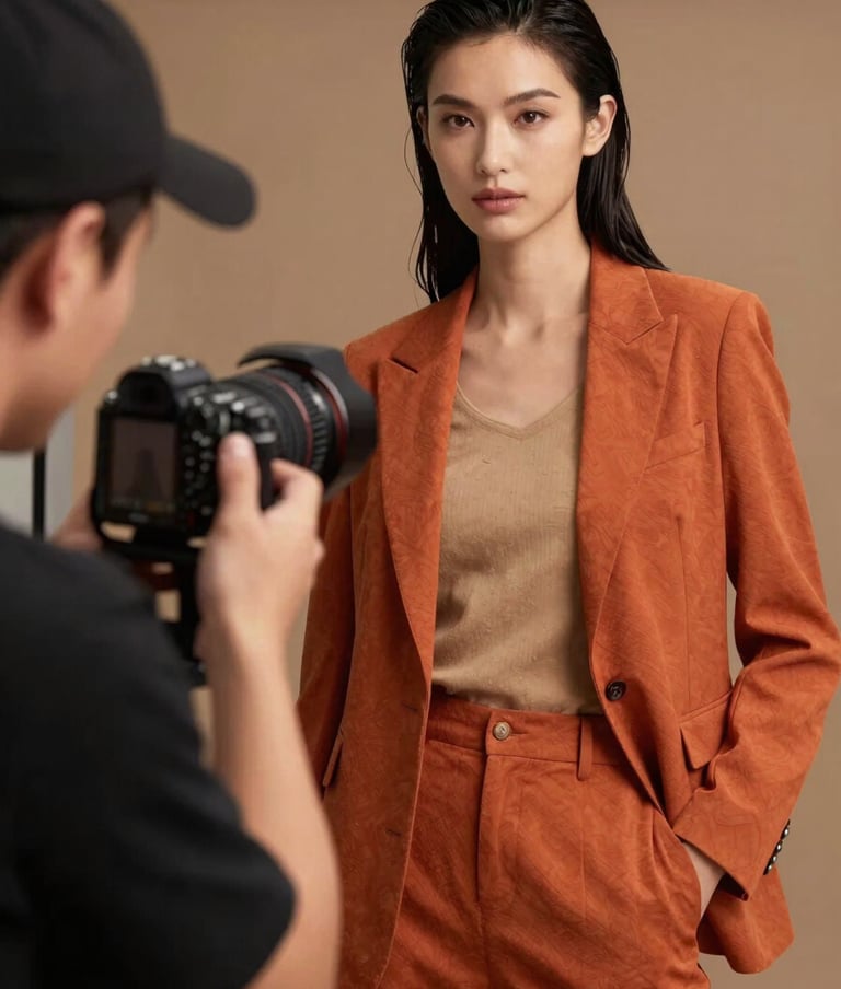A dynamic photography shot of a professional advertising campaign being photographed, featuring a model in a North American setting with bold reddish orange and tan styling. The mood is confident and professional.