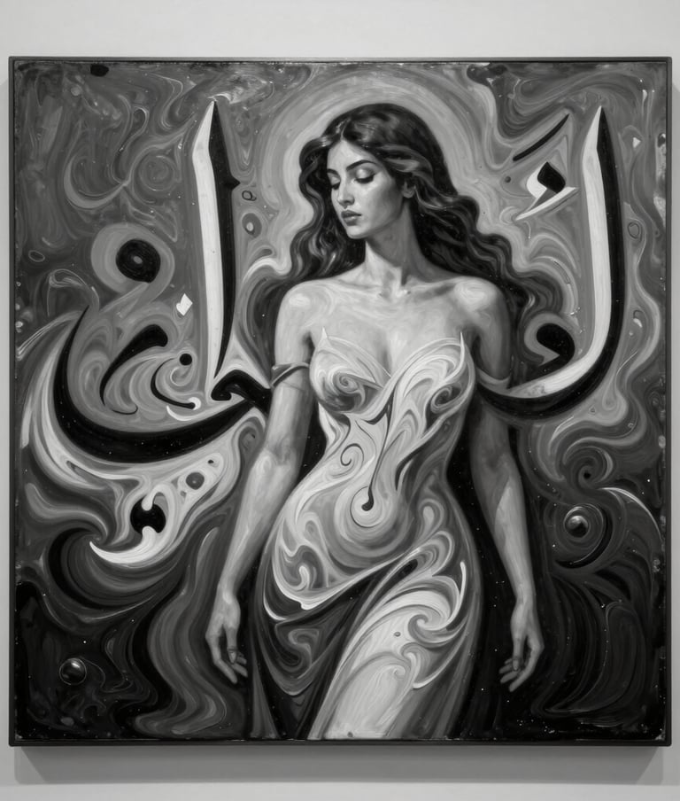 Detailed photography of a modern oil painting featuring the fluid fusion of a female figure and abstract Arabic letters. High contrast black and white palette, professional museum lighting, Middle Eastern cultural aesthetic.