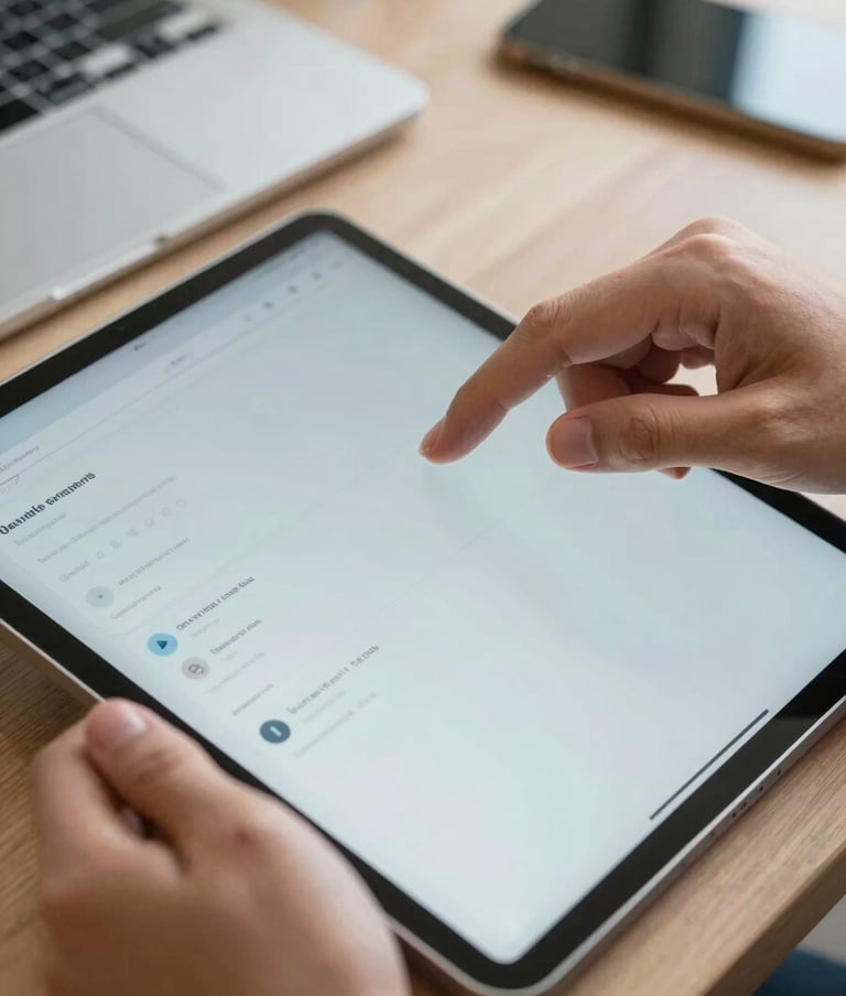 A close-up photograph of a professional's hands working on a sleek tablet in a Southeast Asian / Indonesian office setting. The tablet displays a clean, professional dashboard with slate blue and pale mist interface elements.