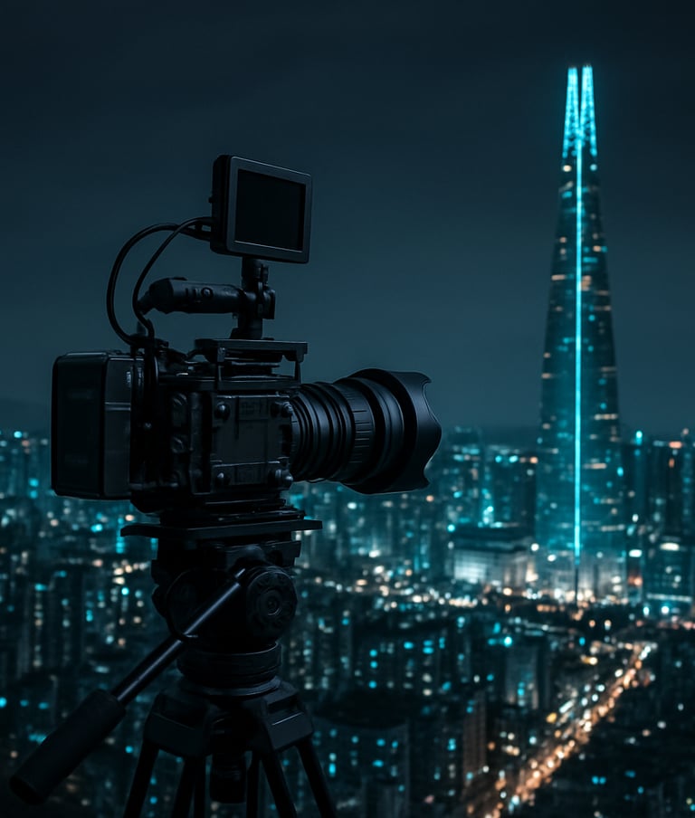 Medium shot of a high-tech camera rig on a tripod overlooking a futuristic Seoul skyline, deep charcoal sky, electric cyan city lights, East Asian / Korean urban.
