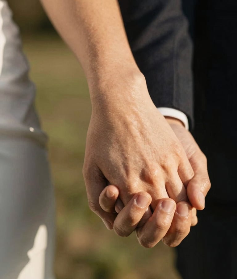 Macro shot of two people holding hands during a wedding ceremony, the skin tones glowing in the warm North American / US afternoon sun. Shallow depth of field focusing on the connection between fingers.