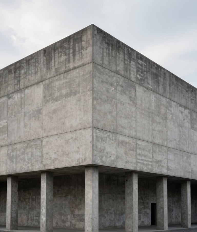 A large full-width architectural photograph of a brutalist concrete structure in Berlin under a soft, overcast sky. Muted tones of gray and off-white. The composition is balanced and minimalist, emphasizing scale and silence. North American / Western European context.