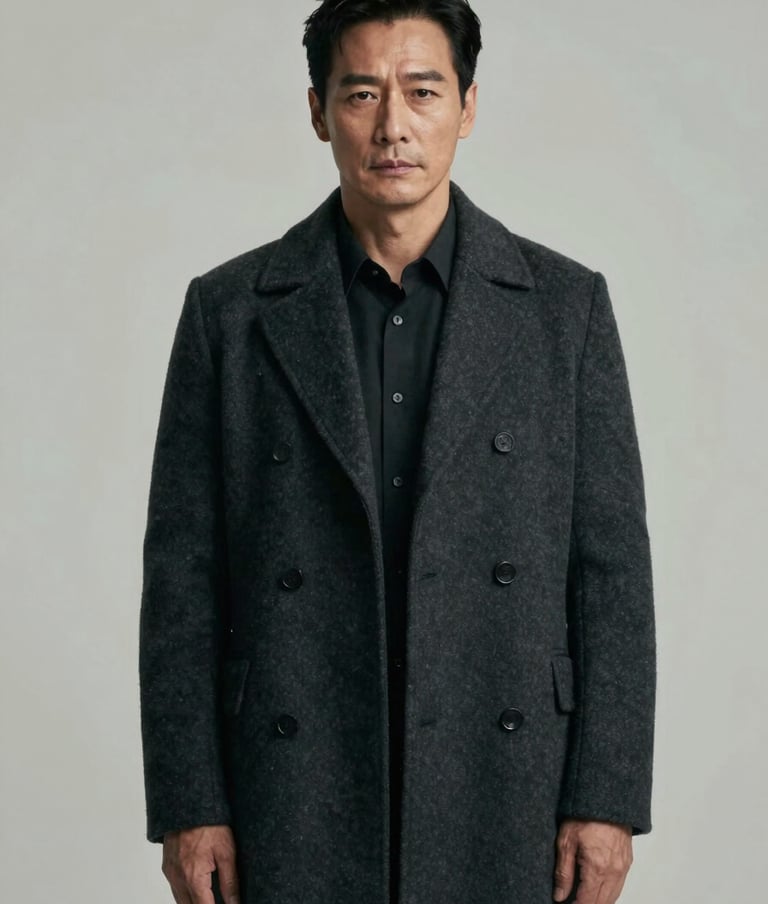 An elegant, full-frame cinematic portrait of the actor in a dark wool overcoat (#333333). Moody, overcast lighting reminiscent of a film set. Neutral, minimalist environment using tones of #F5F5F5 and #A8A8A8. Visual impact is sophisticated and strong.