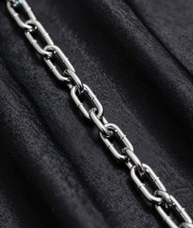 A macro photography shot of a thick chrome chain lying across deep black satin fabric, with sharp highlights and edgy shadows, modern minimalist style.