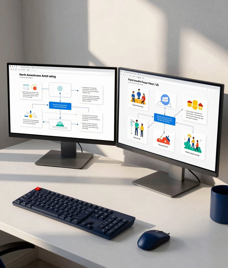 A wide shot of a North American / US workspace with a dual monitor setup showing a combination of instructional flowcharts and colorful illustrations, soft morning light, featuring Pale Cloud White and Dark Navy Blue desk accessories.