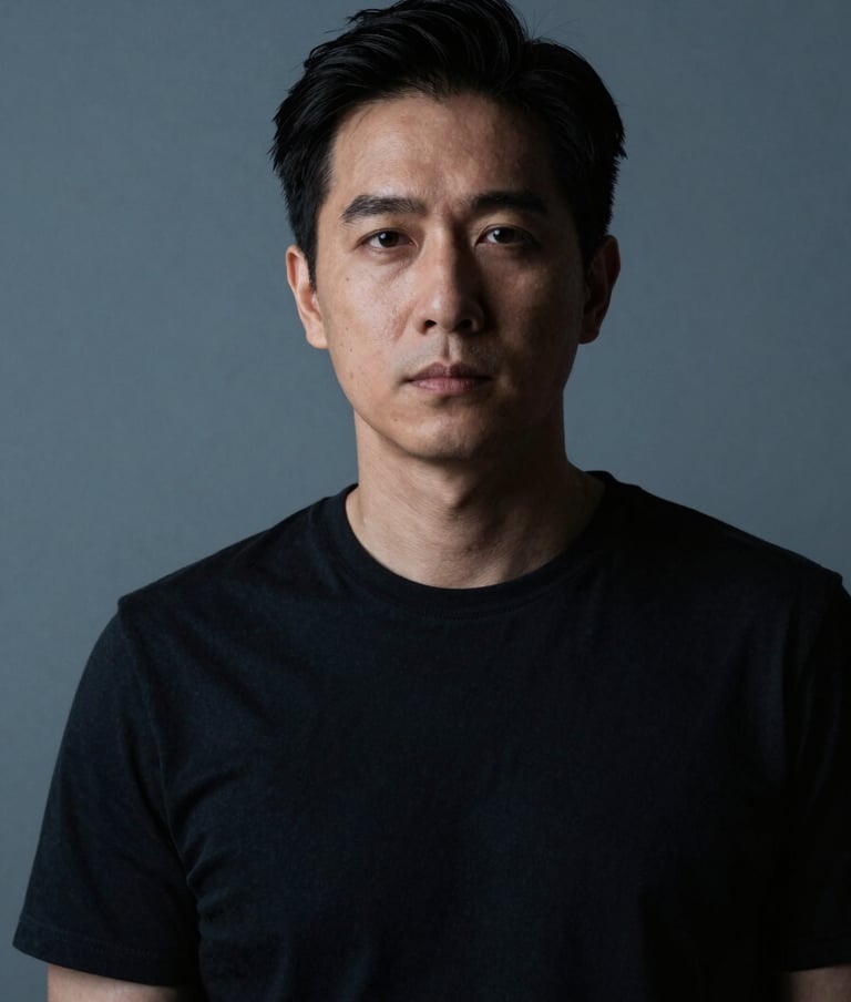 A professional portrait of a subject in a minimalist slate blue studio setting. The lighting is sophisticated and refined, creating a moody, elegant atmosphere with deep charcoal shadows.