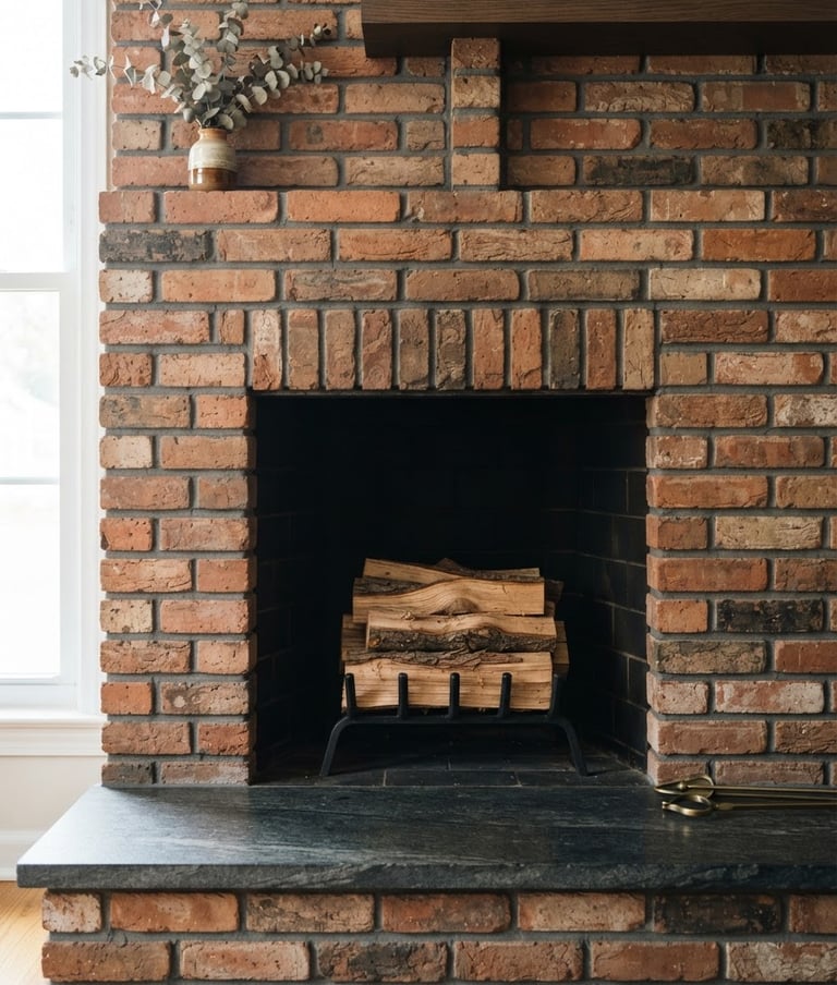 Crisp portrait of a meticulously clean masonry hearth, bright natural daylight, warm brick and cool charcoal tones, sharp focus, 35mm lens.