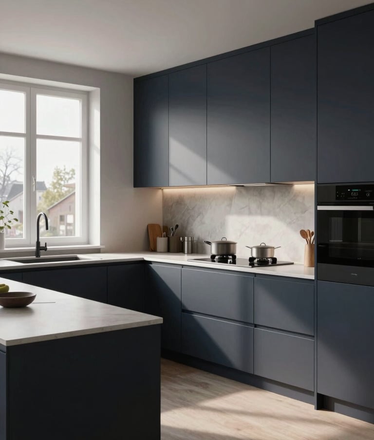 A photorealistic 3D interior visualization of a contemporary kitchen. Features Dark Navy minimalist cabinetry and Pale Mist countertops. Natural light from a large window in a Northern European / Baltic apartment, soft shadows, high-end finish.