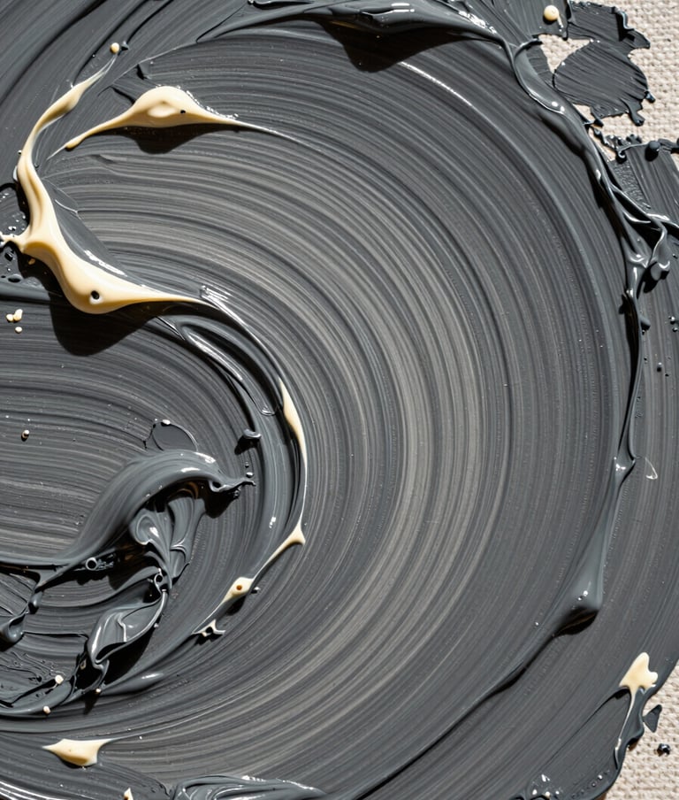 A macro close-up photograph of heavy oil paint texture on a canvas. Swirls of charcoal and warm grey mix with highlights of cream. The lighting is directional to show the three-dimensional quality of the paint strokes.