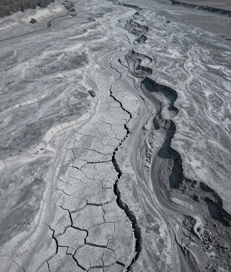 A stark, high-contrast aerial photograph of a dry, cracked riverbed stretching toward the horizon. The earth is a desaturated #B0BEC5 grey-blue, with deep #263238 shadows in the crevices. The composition is clean and modern, emphasizing environmental impact.
