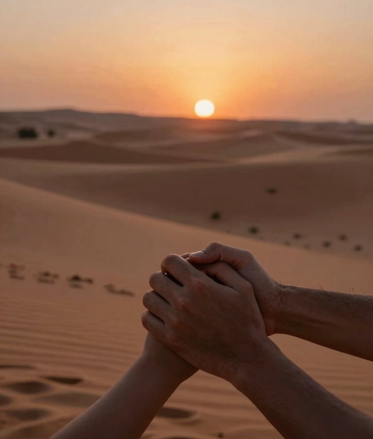 A close-up cinematic shot of a family's hands joined together during a sunset in a Middle Eastern / Gulf desert resort. The lighting features deep burnt terracotta and warm charcoal shadows. Spontaneous and emotional atmosphere.