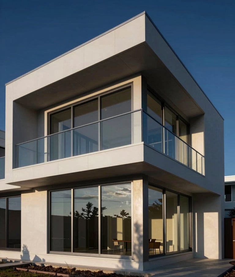 Wide architectural exterior of a completed steel frame residence at dusk — clean horizontal lines, exposed structural fascia, floor-to-ceiling glazing, strong shadow geometry across the facade, deep navy sky behind, photographed from a low oblique angle to emphasize precision of form