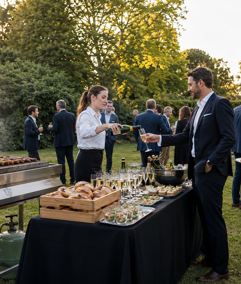 Personnel de traiteur professionnel servant les invités lors d'un barbecue d'ntreprise en plein air.