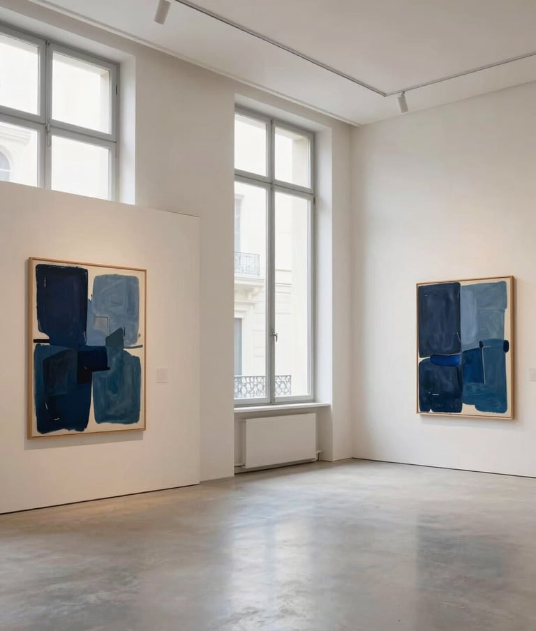 Wide shot of a minimalist European / French art gallery with large windows. Abstract paintings with deep navy and muted slate blue tones hang on soft ivory walls, creating an inspiring community space.