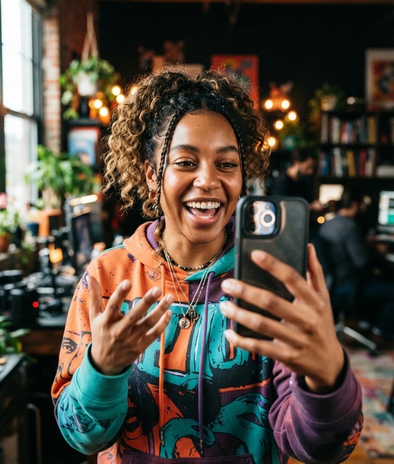Dynamic portrait of a young, diverse digital creator, mid-sentence looking into a phone camera, high-contrast natural light with ring-light reflection, tight crop, vertical composition, vibrant editorial photography, 35mm.