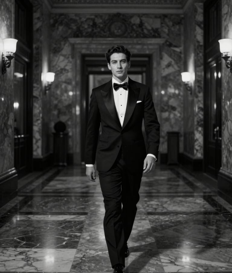 Wide cinematic shot of a person in elegant evening attire walking through a dark, high-ceilinged marble hall, dramatic lighting, black and white, Global / Hispano context, sophisticated mood.