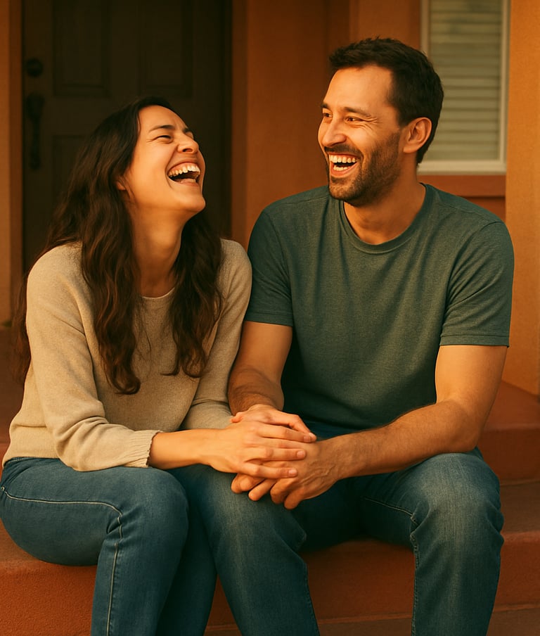 A candid lifestyle photograph of a couple sharing a genuine laugh on a terracotta-colored porch, authentic connection, warm late-afternoon sunlight, North American home setting.