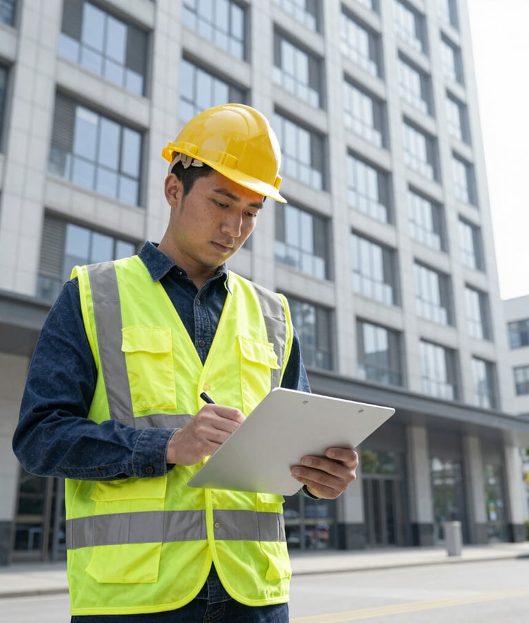 Technician checking HVAC system controls inside a modern commercial building.