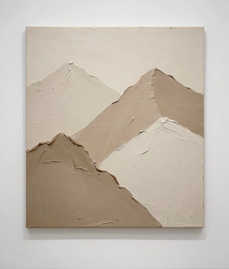 A large, minimalist mixed-media painting hanging on a clean white gallery wall. The artwork features dramatic peaks of textured molding paste in soft beige and sandy tones, creating a sophisticated 3D effect in a modern Western interior.