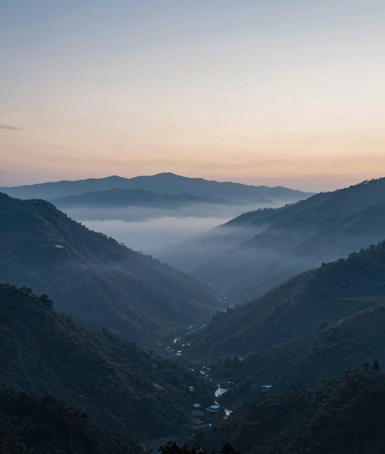A wide-angle landscape shot of a misty valley at dawn, captured with a deep cinematic feel. The cool blues of #1A2F3C transition into a soft #F5F2EC sky, symbolizing a new beginning and spiritual awakening.