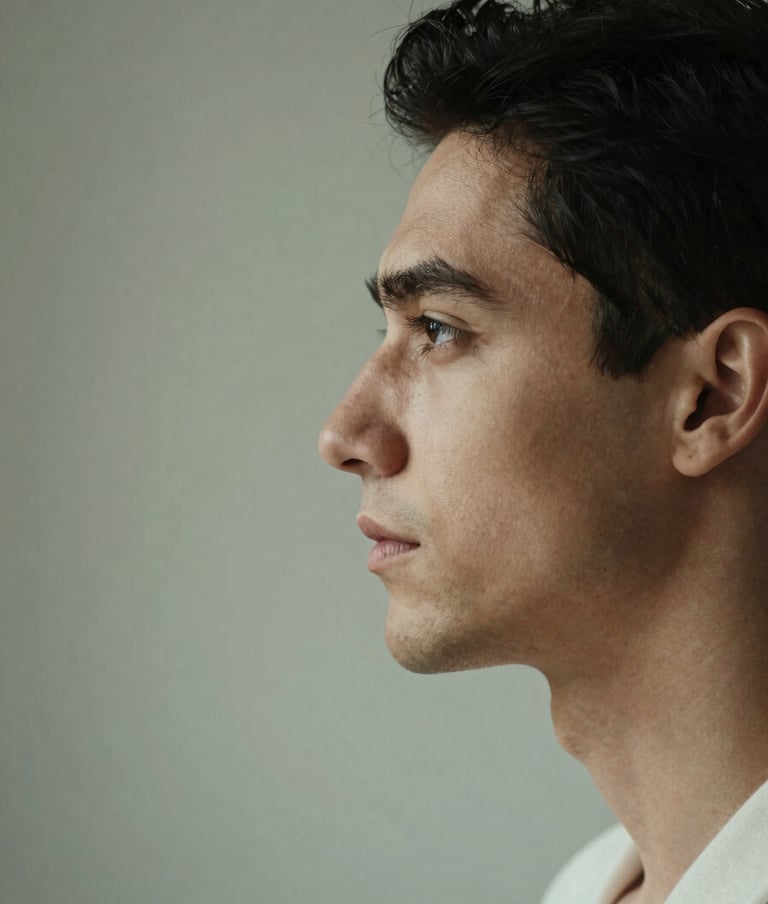 A minimalist portrait focusing on a man's profile in soft daylight. The lighting creates a gentle contrast between muted sage green shadows and soft off-white highlights. Elegant and professional artistic photography.