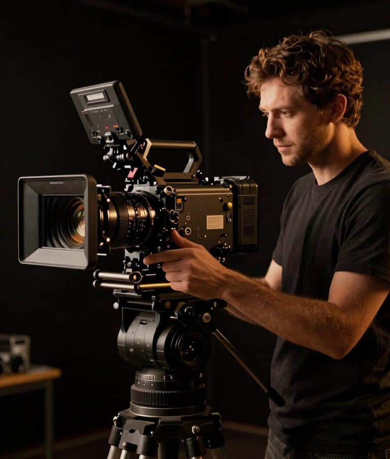 A professional filmmaker operating a high-end cinema camera in a North American / US studio, low-key lighting with deep midnight black shadows and antique gold highlights.