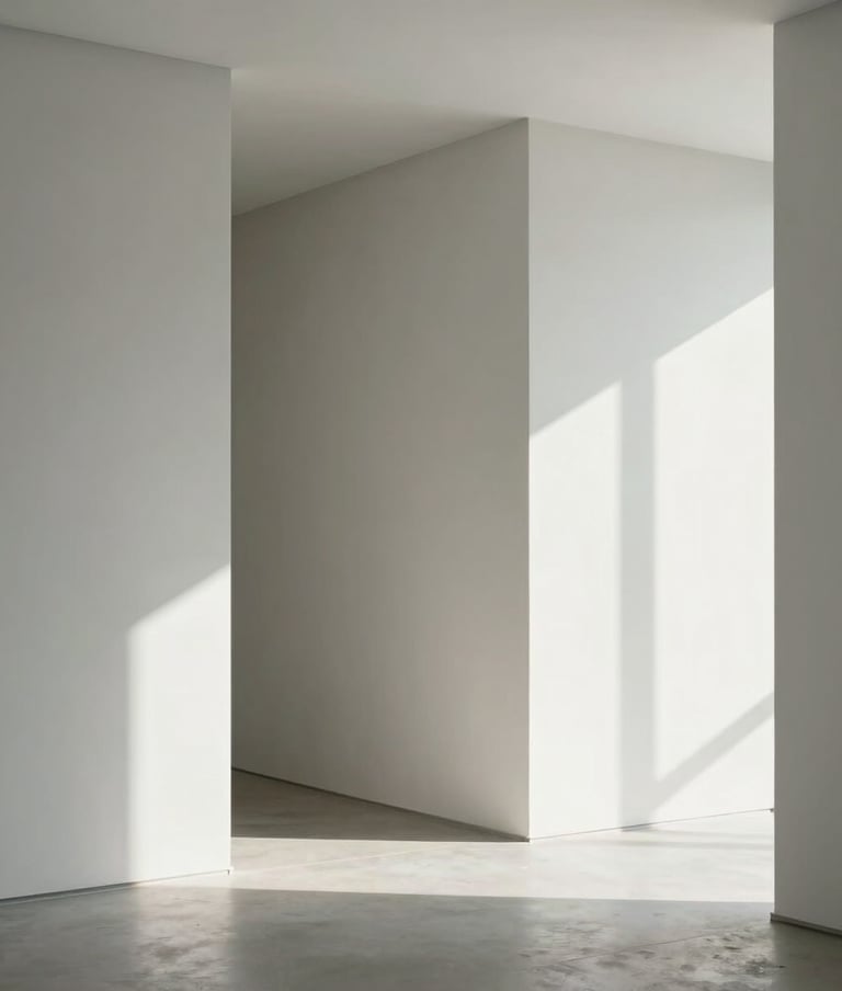 Vue architecturale d'un intérieur moderne fraîchement rénové et peint, lumière naturelle éclatante, finitions nettes sur des murs blancs et gris clair.