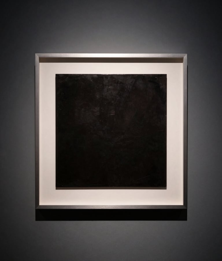 Abstract minimalist photography of a single square frame hanging on a dark grey wall in a European art gallery, dramatic spot lighting.