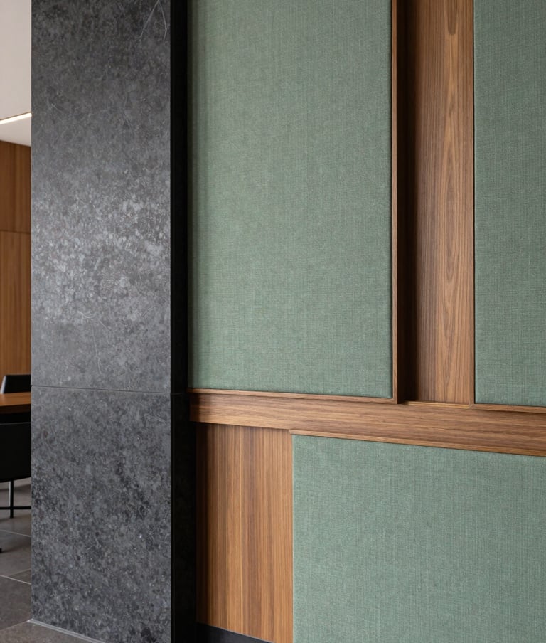 Detailed shot of interior textures in a South American office lobby: sage green textile panels next to polished charcoal stone and warm taupe wood accents. Elegant and professional photography style.