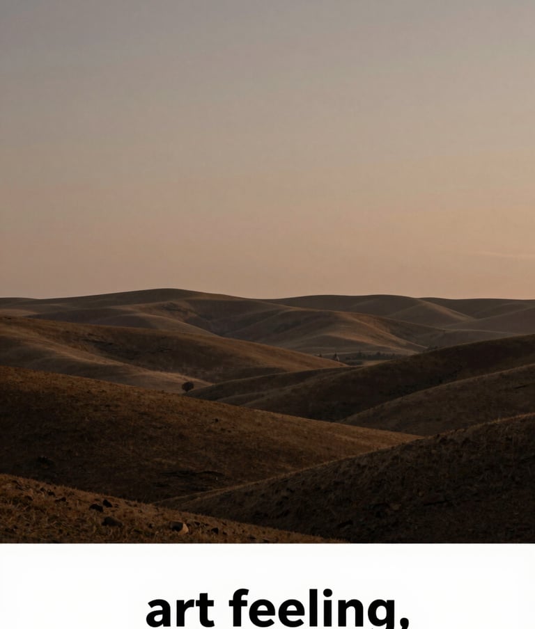 An evocative landscape photograph capturing the essence of a painting. A wide horizon with rolling hills at dusk, bathed in a soft glow of muted brown and warm taupe. The atmosphere is serene and powerful, celebrating the art of feeling.