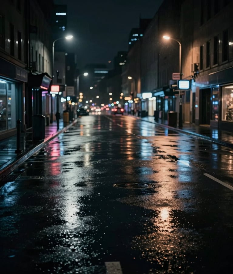Cinematic wide shot of a rainy city street at night, wet asphalt reflecting neon lights in obsidian black and midnight slate tones. Edgy, urban atmosphere with deep shadows.