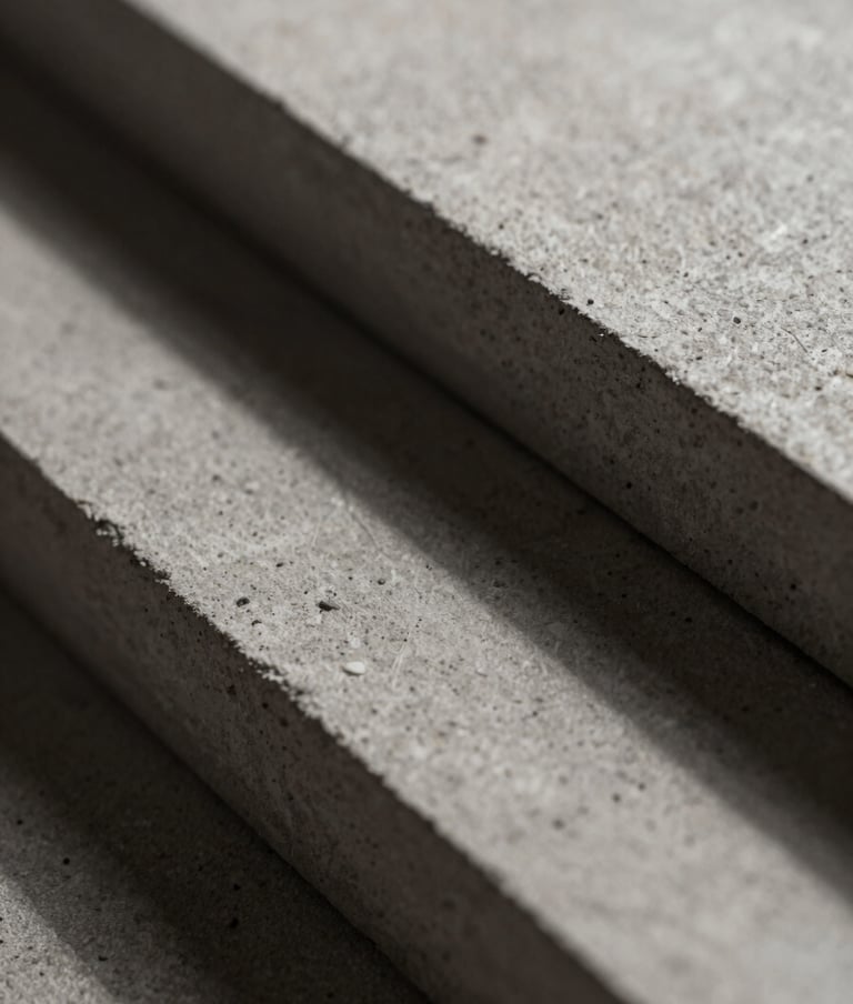 Close-up macro shot of architectural materials (concrete and brick) with a bold shadow cast across. Dramatic lighting, using a palette of #1A1A1A and #6B705C. Sharp focus, sophisticated yet raw.
