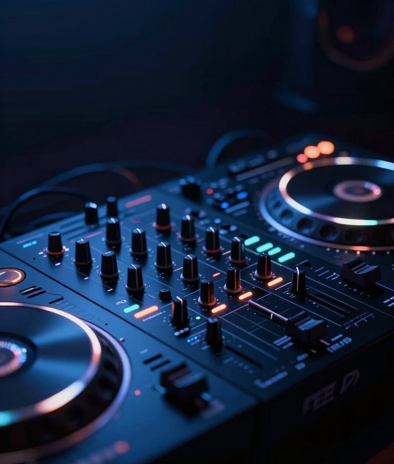 An artistic shot of a professional DJ mixer in a dark studio. The faders and knobs are highlighted by sharp #7A7CF1 neon lights, creating deep shadows in the #0A0A0F environment. High-quality, sophisticated nightlife gear focus.
