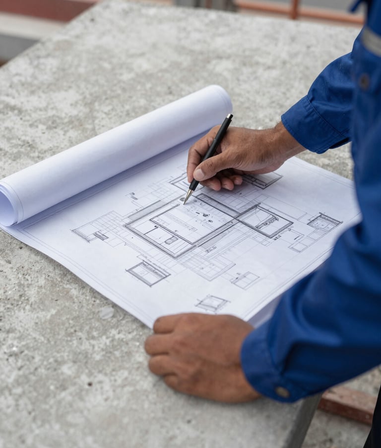 A close-up photograph of a Southeast Asian / Indonesian engineer's hands holding a modern technical blueprint over a clean concrete surface at a construction site. The lighting is bright and professional, utilizing a palette of silver and deep blue tones to convey expertise.