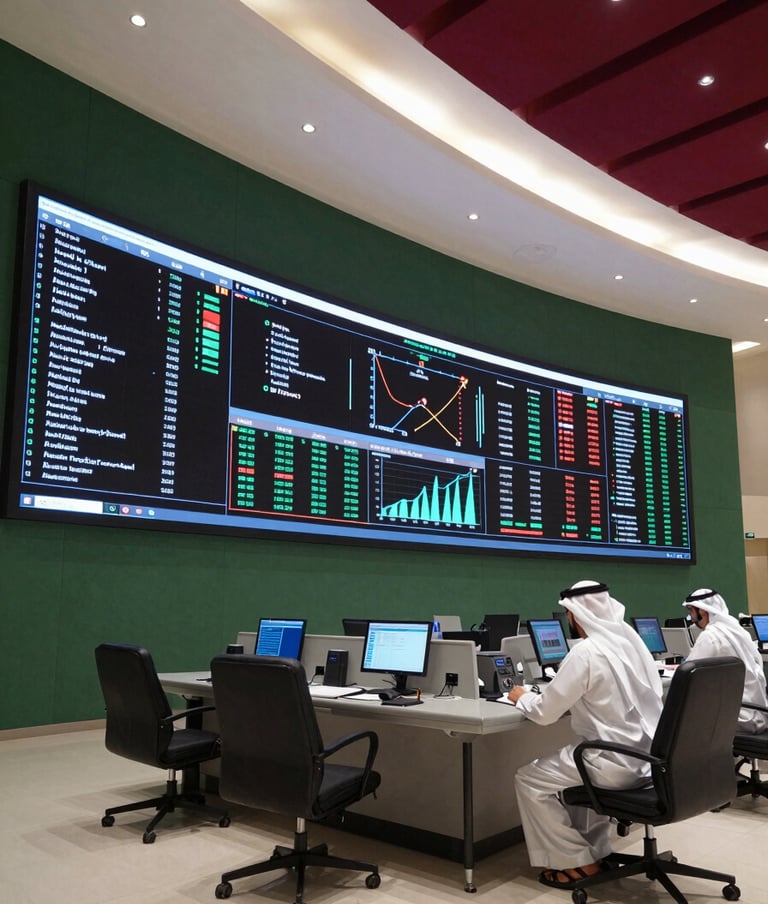A wide-angle shot of a high-tech Omani control center with large LED displays showing data analytics. The lighting is modern with accents of matte forest green and deep crimson. Professional atmosphere in a Middle Eastern / Gulf corporate setting.